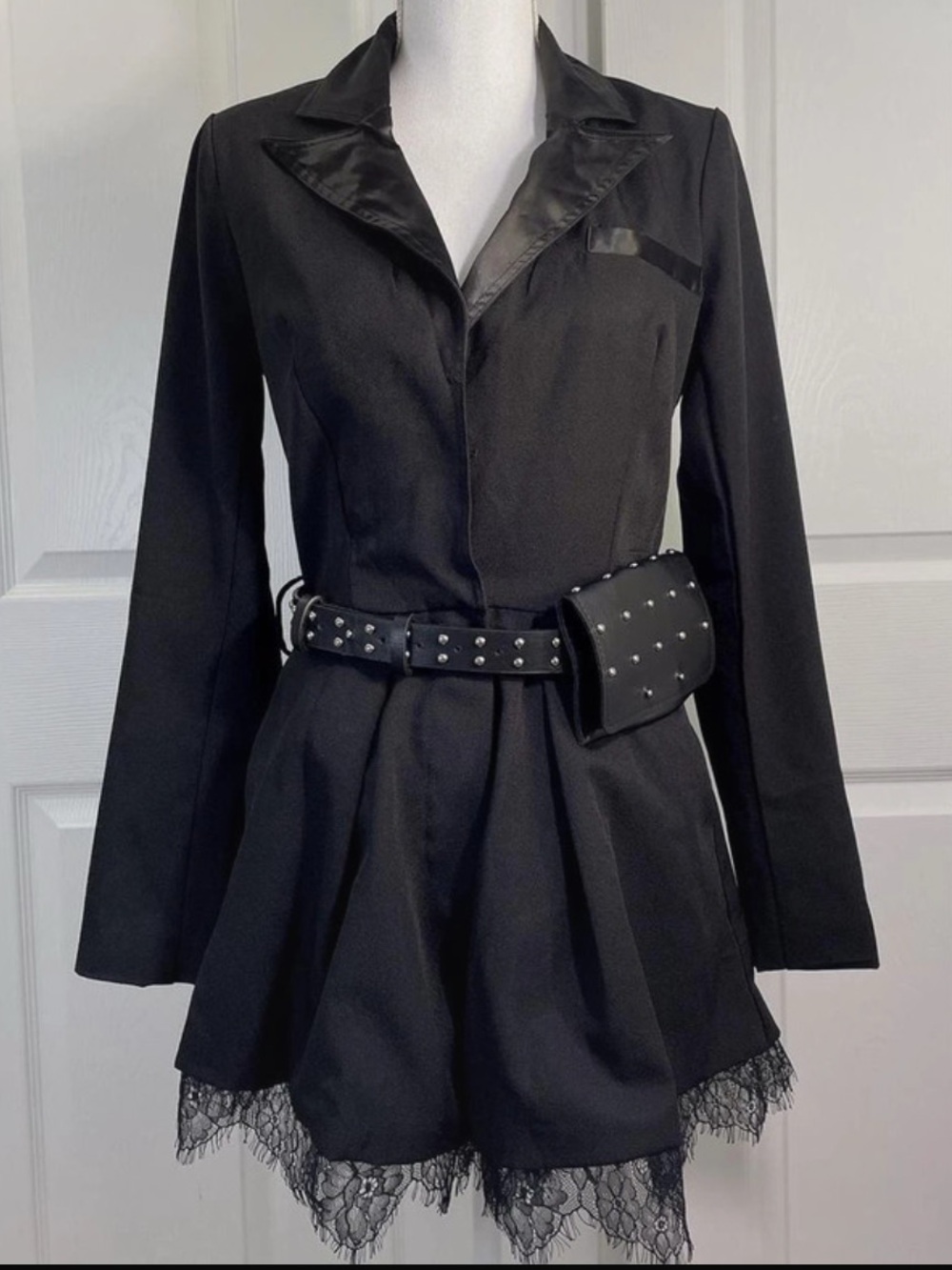 Black Lace-Hem Long Sleeve Romper with Studded Belt